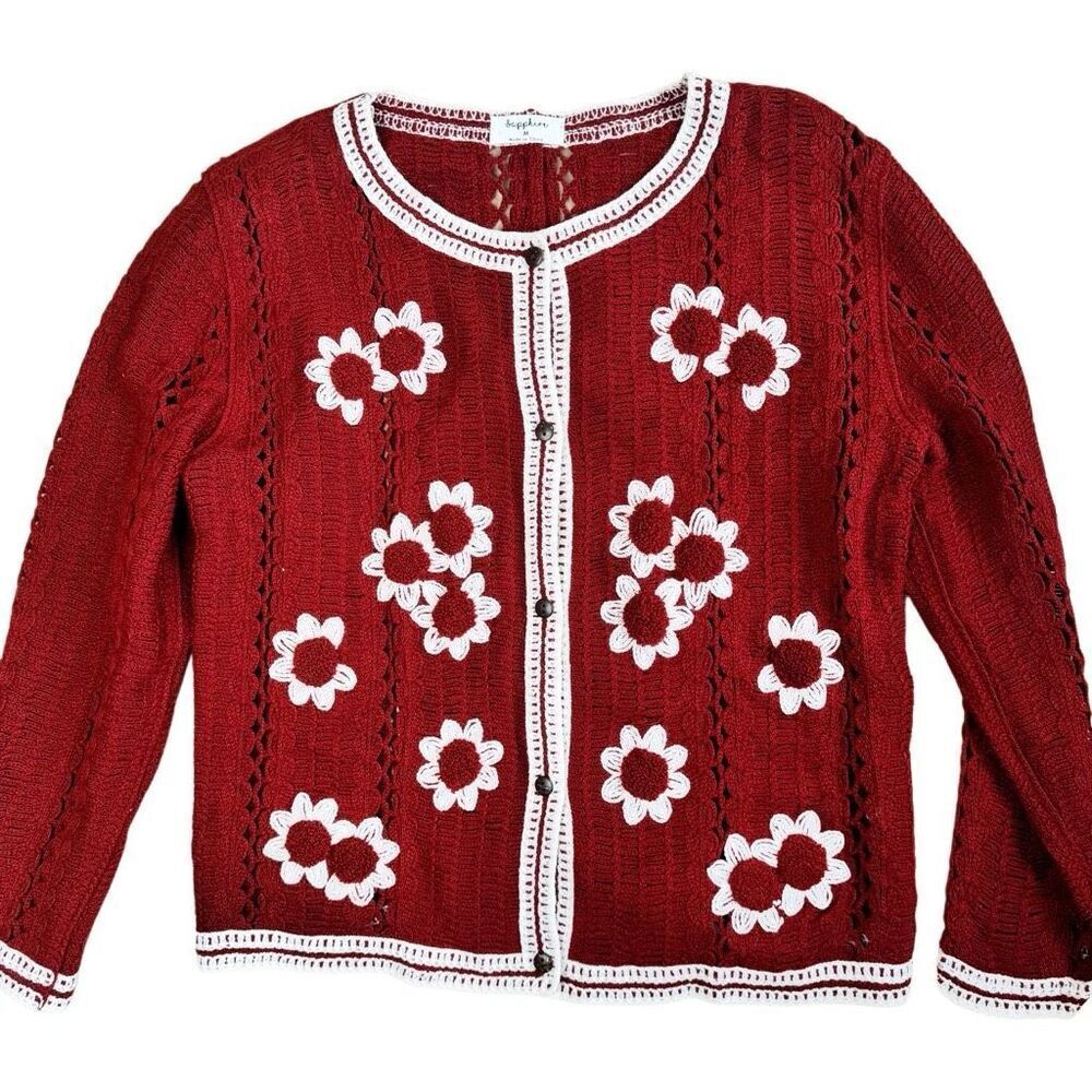 Boutique Red Floral Open Knit Lightweight Cardigan Sweater Women Size Medium EUC